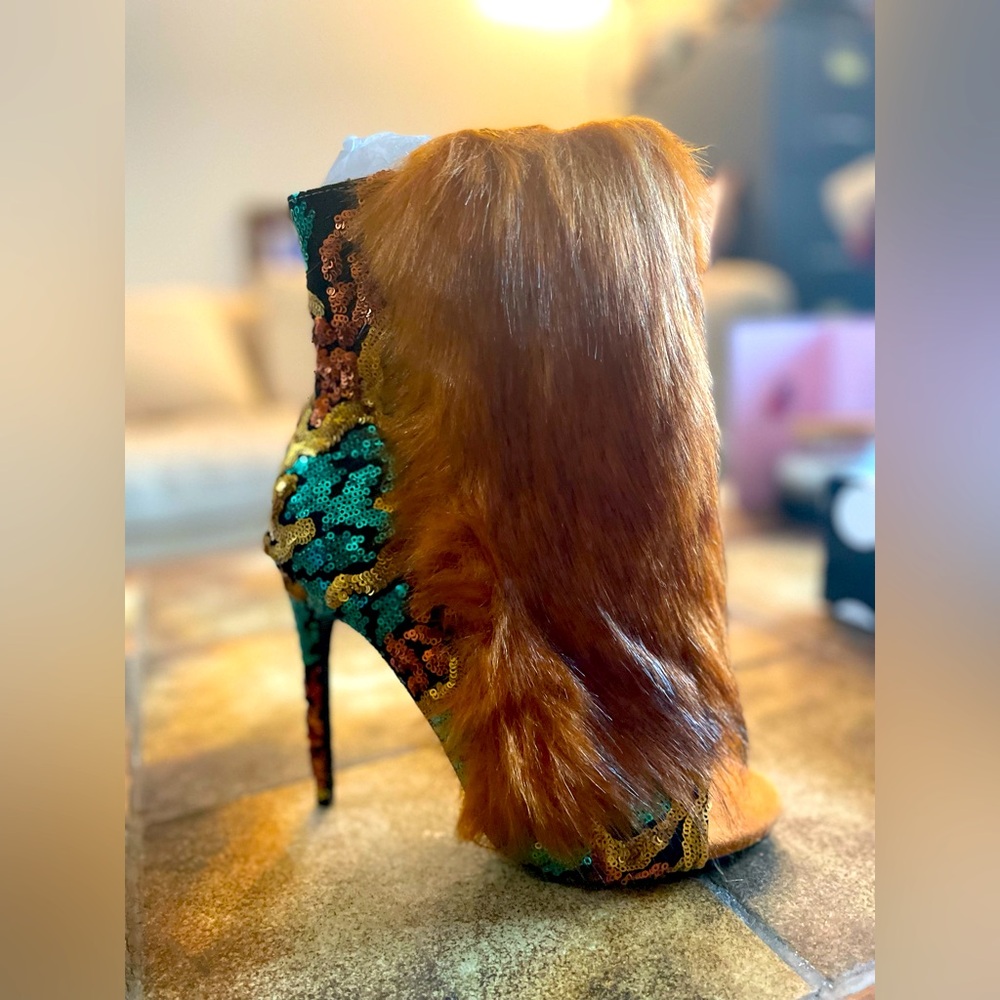 Stylish Open toe green, tan and brown heel boot